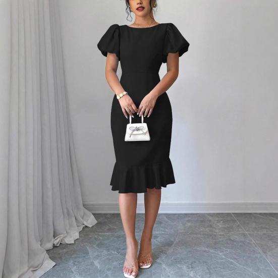 Dámské krátké šaty bodycon s puf rukávy, šaty s kulatým výstřihem a volánovým mořským lemem, koktejlové midi šaty pro svatebního hosta