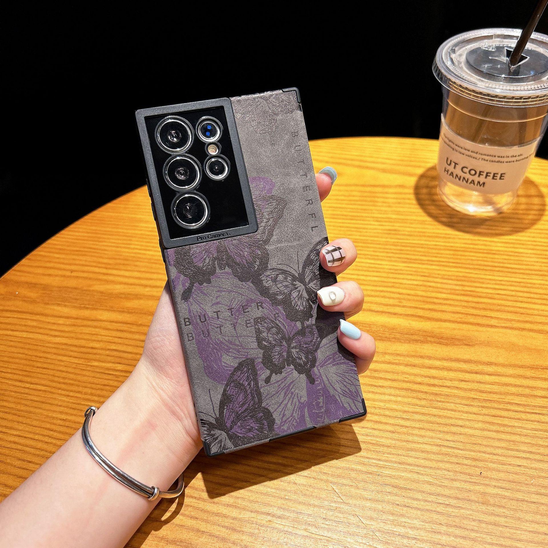 

Samsung S24ULTRA Mobile Phone Case S23ULTRA Retro Imprinted Butterfly S22ULTRA Wristband Protection Case S22ULTRA