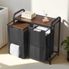 2 Section Laundry Sorter with Pull-Out Bags Metal Frame & Wooden Tabletop