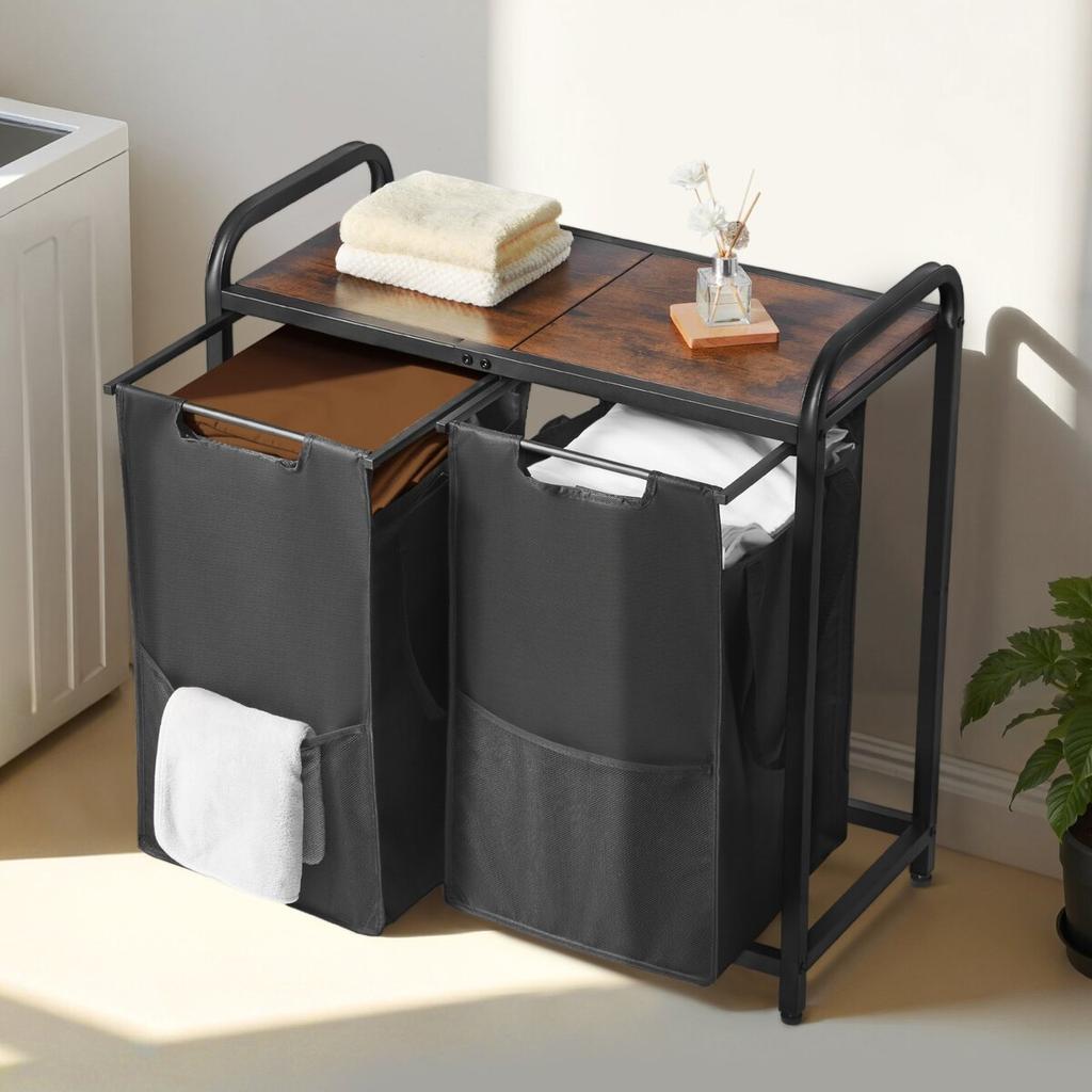 2 Section Laundry Sorter with Pull-Out Bags Metal Frame & Wooden Tabletop