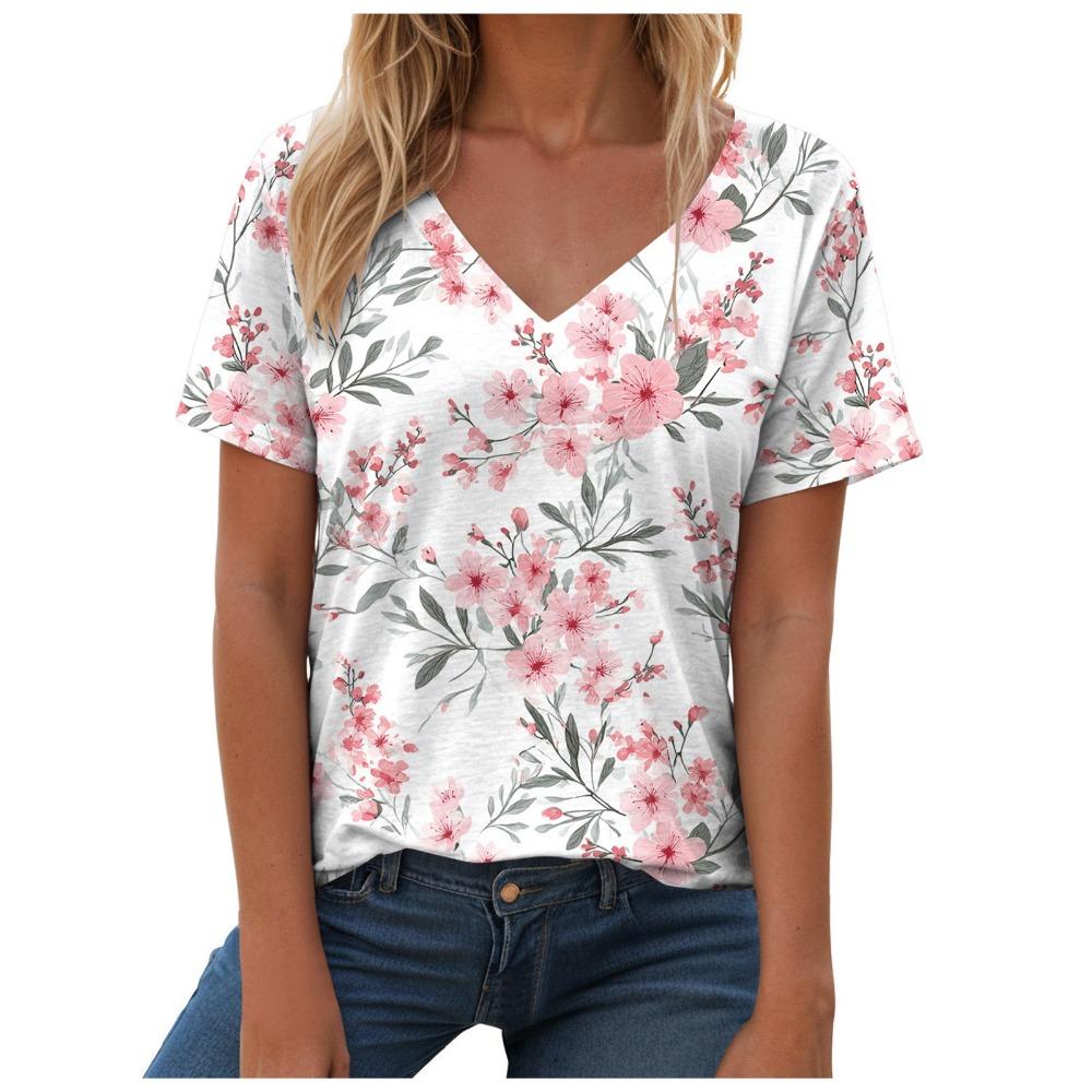 T-shirt estiva casual e alla moda con scollo a V, maniche corte e fantasia per donna. Stile ampio e casual, adatto da indossare per le signore.