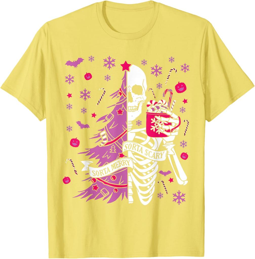 Sorta Merry Sorta Scary Skeleton Christmas Tree Graphic Tee Casual Cotton Short Sleeve T-Shirt for Men