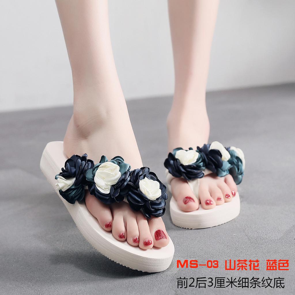 6 Cm High Heel Women's Summer Cloth Tape Slope with Herringbone Ladies Sandals Muffin Slippers Slippers Camellia Flowers Shoes