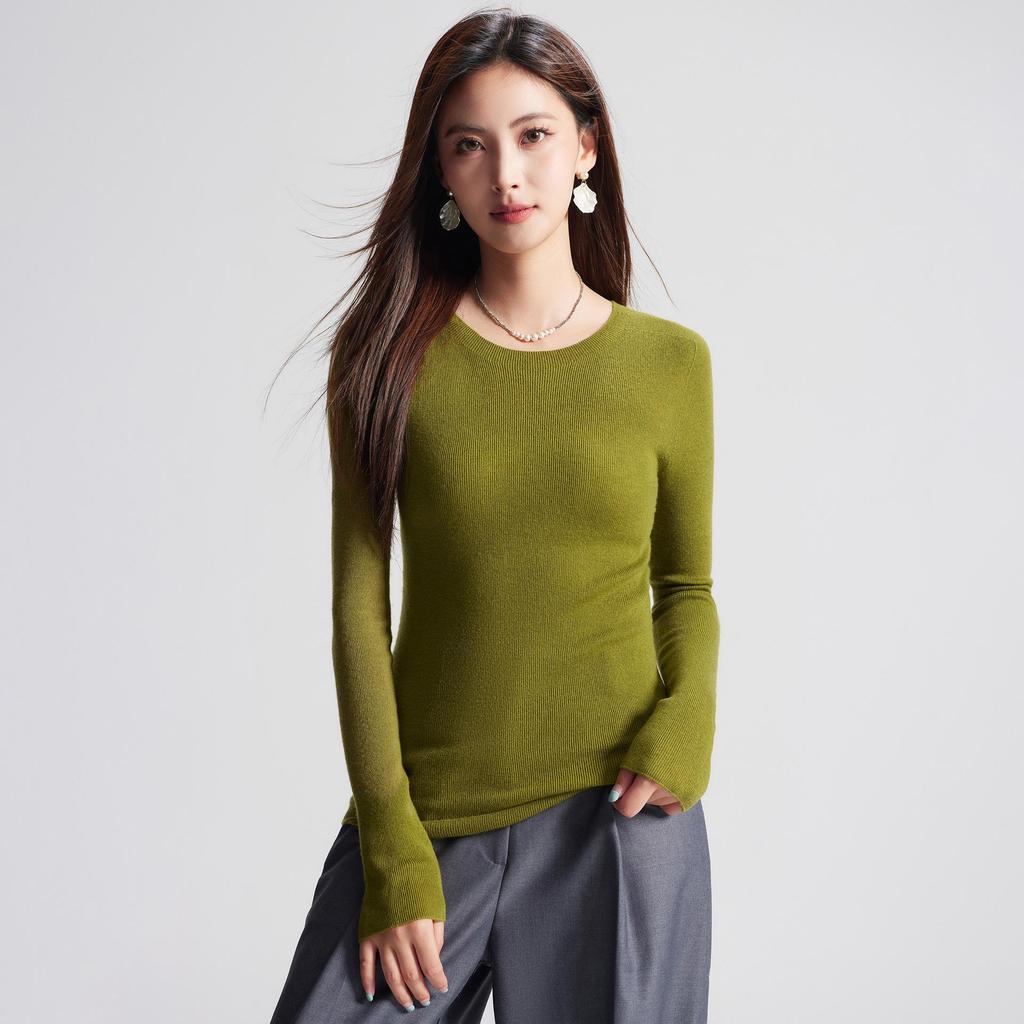 Machine Washable Women's Seamless 100% Pure Wool Round Neck Knit Sweater, 60 Count, 18 Gauge, Autumn Base Layer