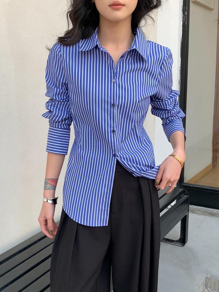 Women's Blue Striped Long Sleeve Waist-Cinching Layering Shirt - 2026 Spring Collection