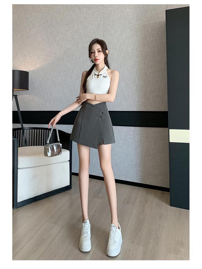 Frühling/Sommer 2026 Damen A-Linien-Rockhose mit unregelmäßigem Schlitz und Froschknopf im Neuen Chinesischen Nationalstil