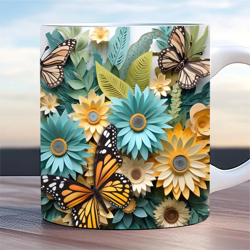 3D Spring And Summer Spring Flower Butterfly Butterfly Diamond Ceramic Coffee Mug Water Cup
