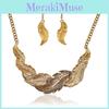 Decoration Rhinestone Fashion Feather Design Women Gold Necklace And Set Earring