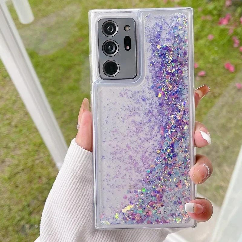 

Светящийся чехол с блестками и переливающейся жидкостью для Samsung Galaxy S24 S23 S25 Ultra S22 Plus S21 S20 FE A54 A55 A34 A15 A53 A52 Прозрачная ТПУ крышка For Samsung S24 Plus фиолетовый