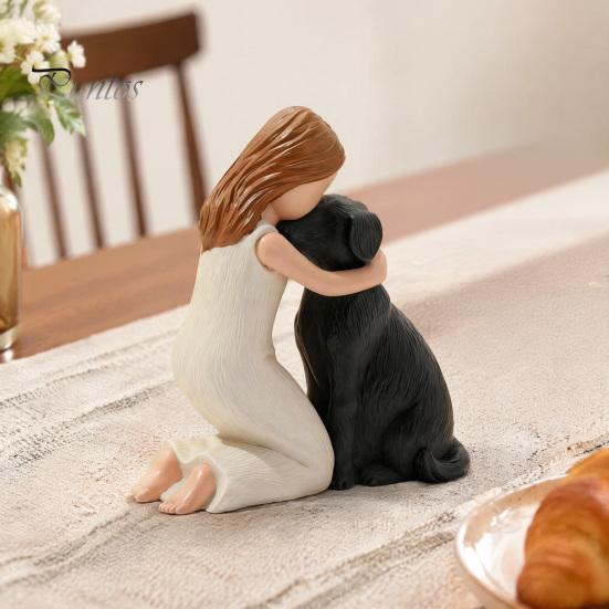 Figurina Ragazza che Abbraccia Cane in Resina Fatta a Mano, Scultura Compagno Animale Domestico Dipinta a Mano, Figurina Commemorativa Marrone Nero Ornamento da Scrivania, Ricordo
