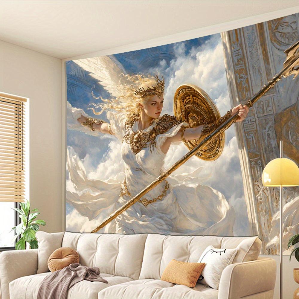 Angel Warrior Tapestry Mythical Goddess Wall Art Divine Armor Fantasy Decor Heavenly Scene Living Room Hanging Print