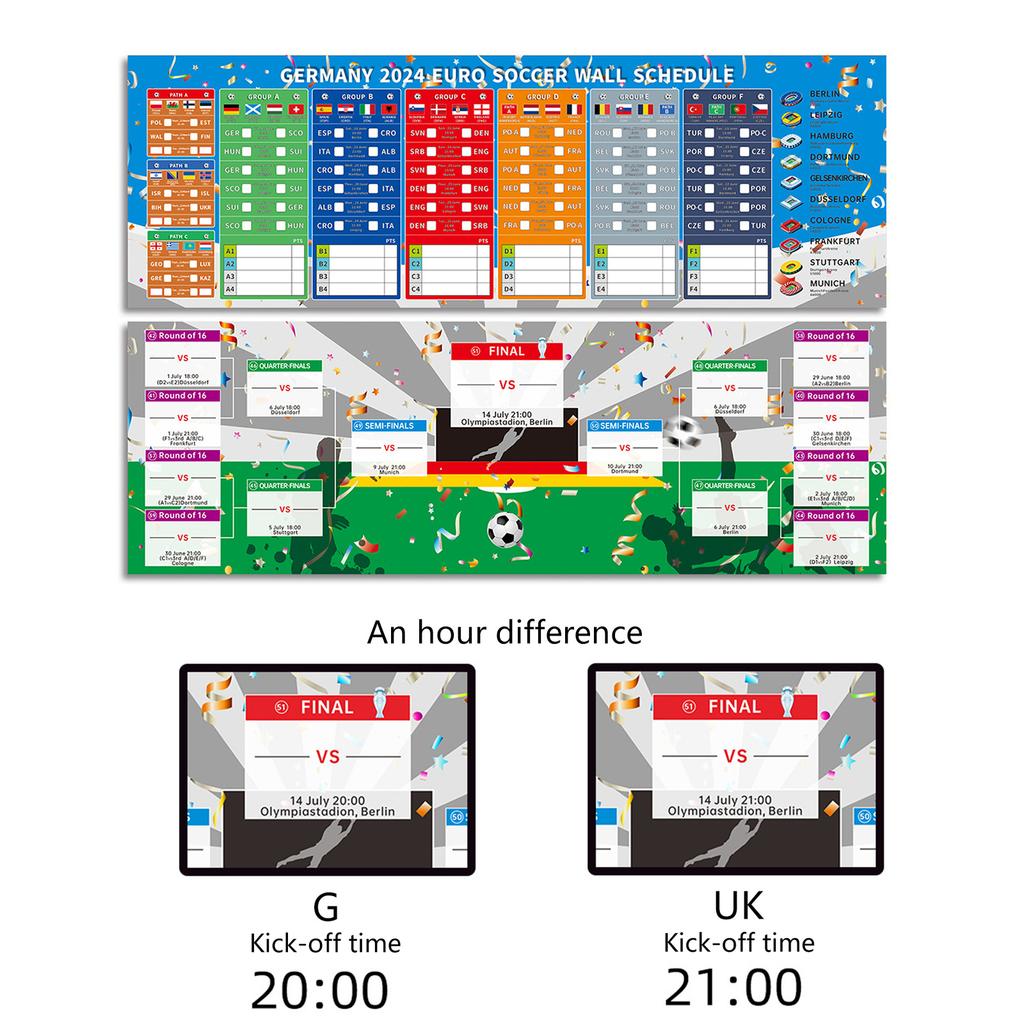 Duitsland/VK 2024 Europees Voetbalschema Poster 2024 Euro Voetbalwedstrijd Wandkaart Schema Poster Makkelijk te Lezen
