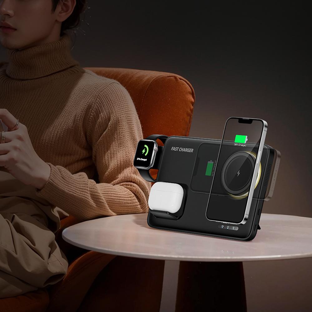 HT-543 3 in 1 Foldable Magnetic Wireless Charging Stand for Phone/Earbuds/Watch 15W Fast Charge Phone Holder