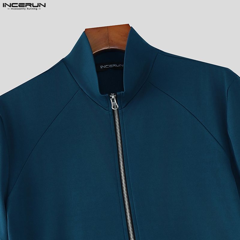 INCERUN Summer Men Stand Neck Short Sleeve Zipper Splits Fitted Casual Tops T-shirts