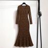 Neues Herbst Winter Französisches Retro Spitze Langes Kleid Damen V-Ausschnitt Ausgeschnitten Schlank Trompete Meerjungfrau Kleider