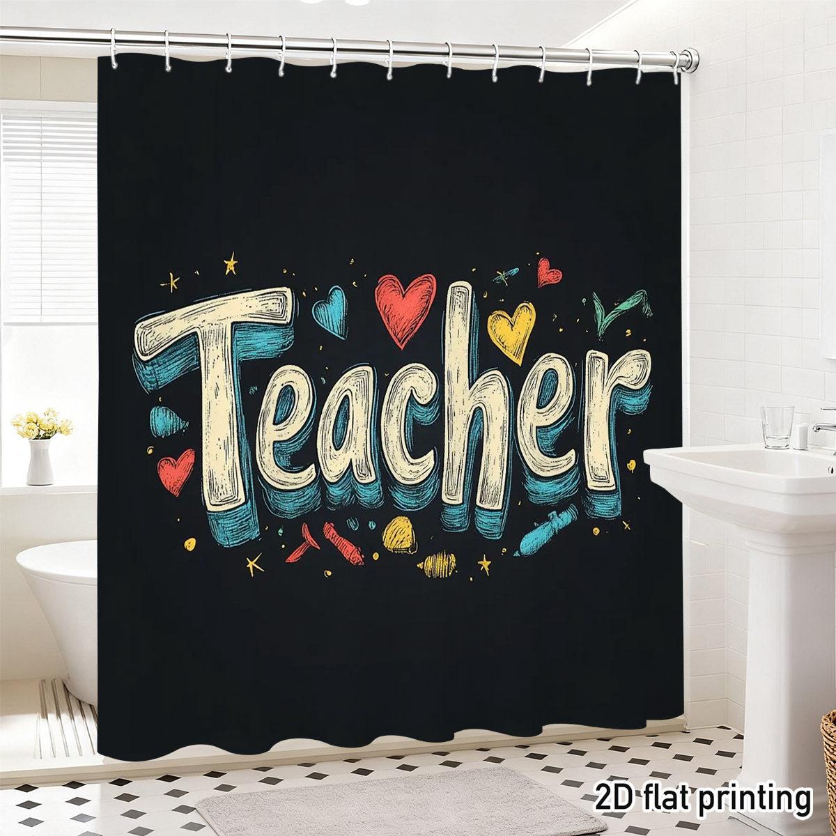 

1Pc Shower Curtain Handwritten Teacher & Hearts Doodles, Waterproof Machine Washable Polyester For Shower/Bathtub Bathroom Decor W60H190(CM)-1 Pcs