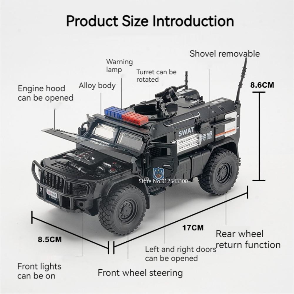 1:32 Scale SWAT Armored Car Model Toy 4D Engine Shock Absorption Pull Back Metal Diecast Vehicle Models Sound Light Gift for Kid