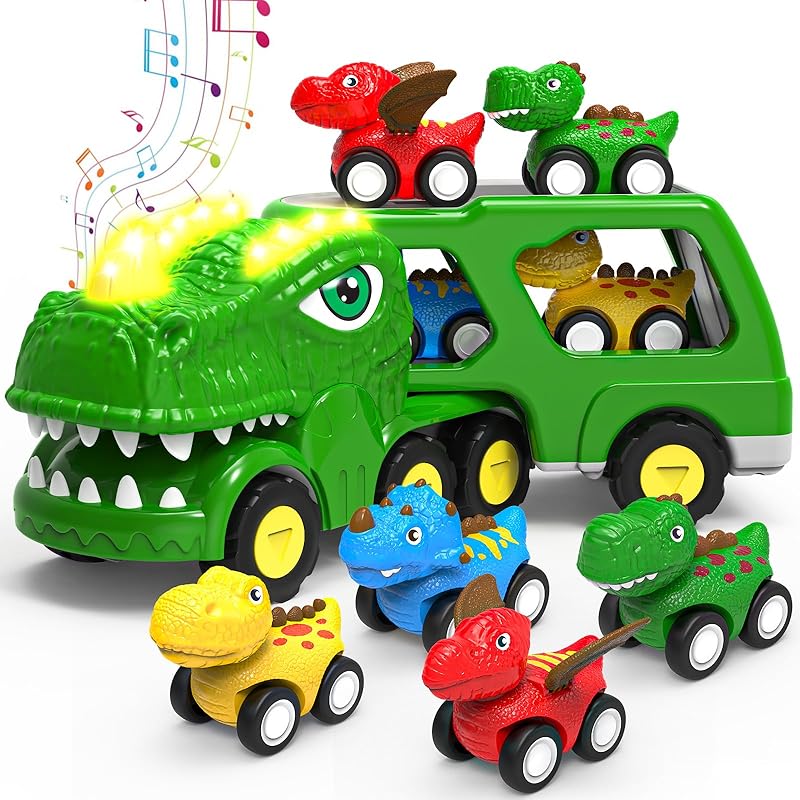 Dinosaur Toys for 1 2 3 4 5 Year Old Boy, Dinosaur Trucks for Toddlers 2-4 Years with 4 Small Pull Back Dino Cars, Kids Christmas Birthday Gifts for