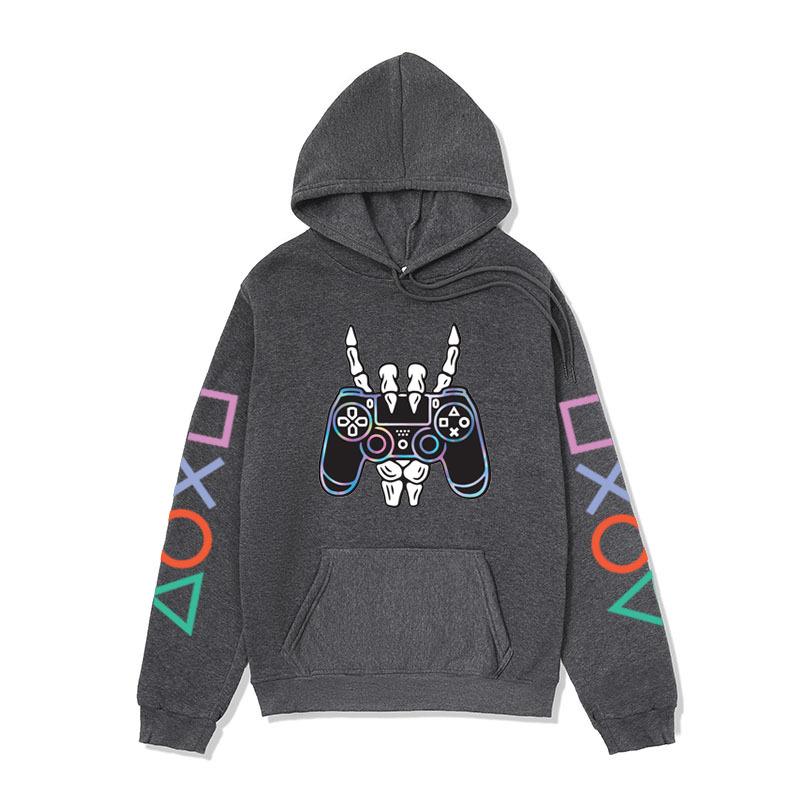 Winter Comfortable Fashion Long Sleeved Letter Game Console Icon Printed Hoodie-Soft Medium Stretch Polyester Fabric Winter Relaxed Fit Clothing
