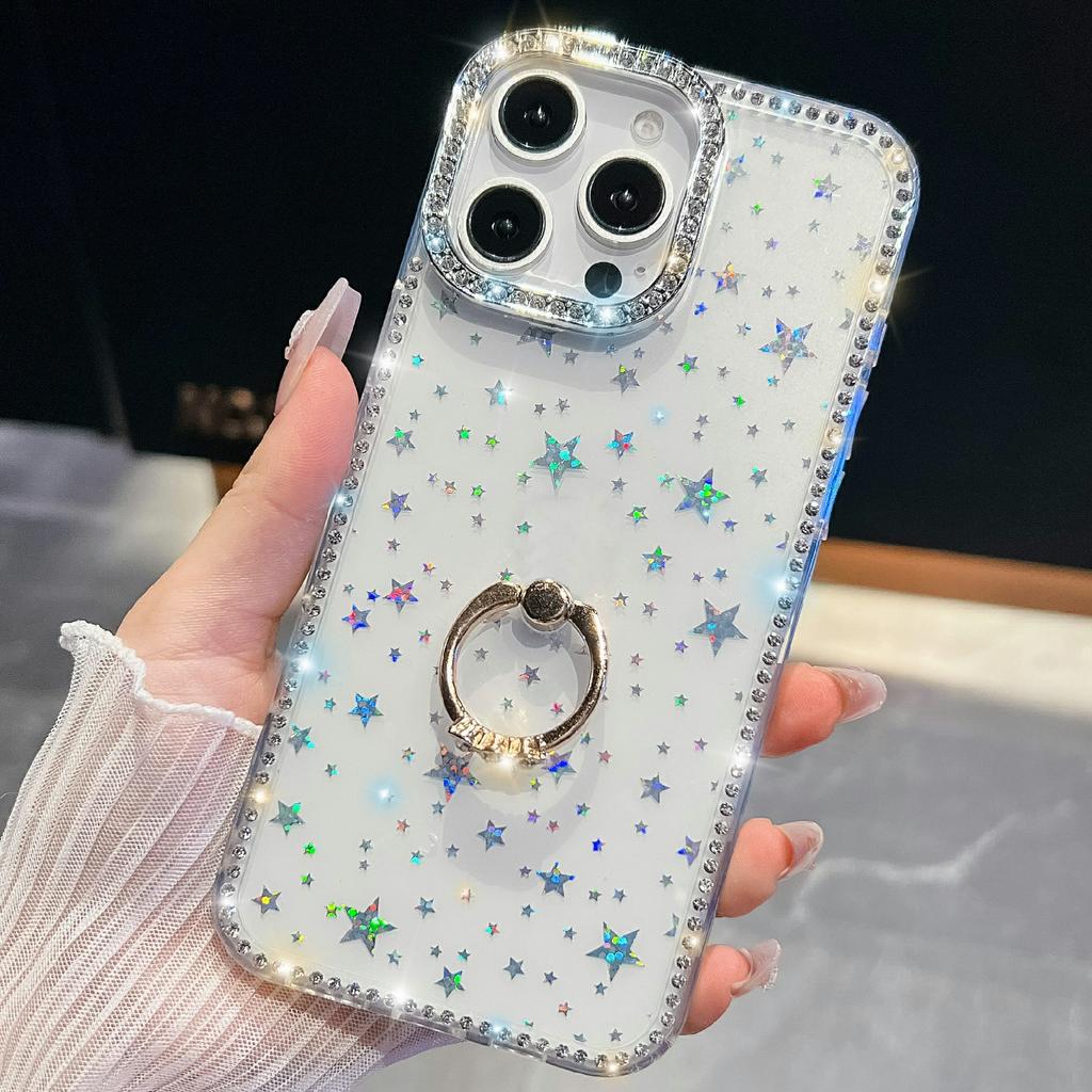 For iPhone 15 Pro Case with Ring Kickstand Rhinestone Edge TPU+PC IMD Phone Cover