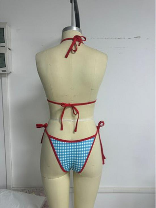 European & American Sexy Houndstooth Tie Halter Triangle Bikini Swimsuit for Women