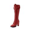 Fashion Winter Sweet Women Knee High Boots PU Leather Round Toe 7cm High Block Heels Bowtie Lace-up Lolita Lady Zipper Long Riding Boots