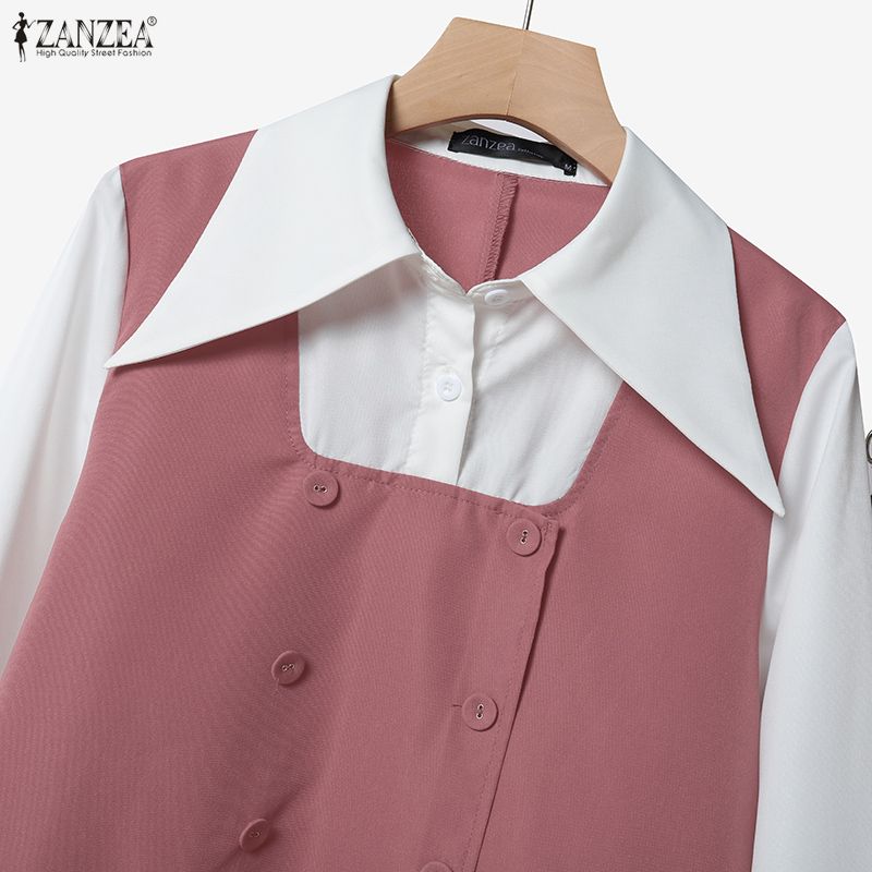 ZANZEA סט חליפה יומיומית לנשים משני חלקים: חולצה ארוכה טלאים ומכנסיים