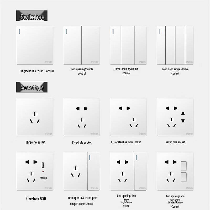 STOSIBN White 1-Gang Single-Control Switch with 16A 3-Hole Socket