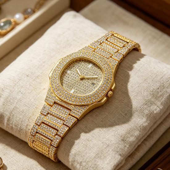 Quarzuhr mit voll besetztem Diamantlünetten- und Zifferblatt-Design, hochpräzise, funkelnd, trendiger Hip-Hop-Stil, für den täglichen Gebrauch und Partys