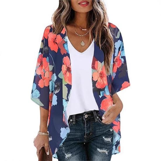Women Beach Shirt 45720 Sleeve Mid-length Sunscreen Tops Floral Print Breathable Loose Fit Beach Shawl