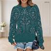 Sweatshirt à col rond et manches longues pour femme, grande taille, poignets côtelés, imprimé floral, vert sarcelle, à enfiler