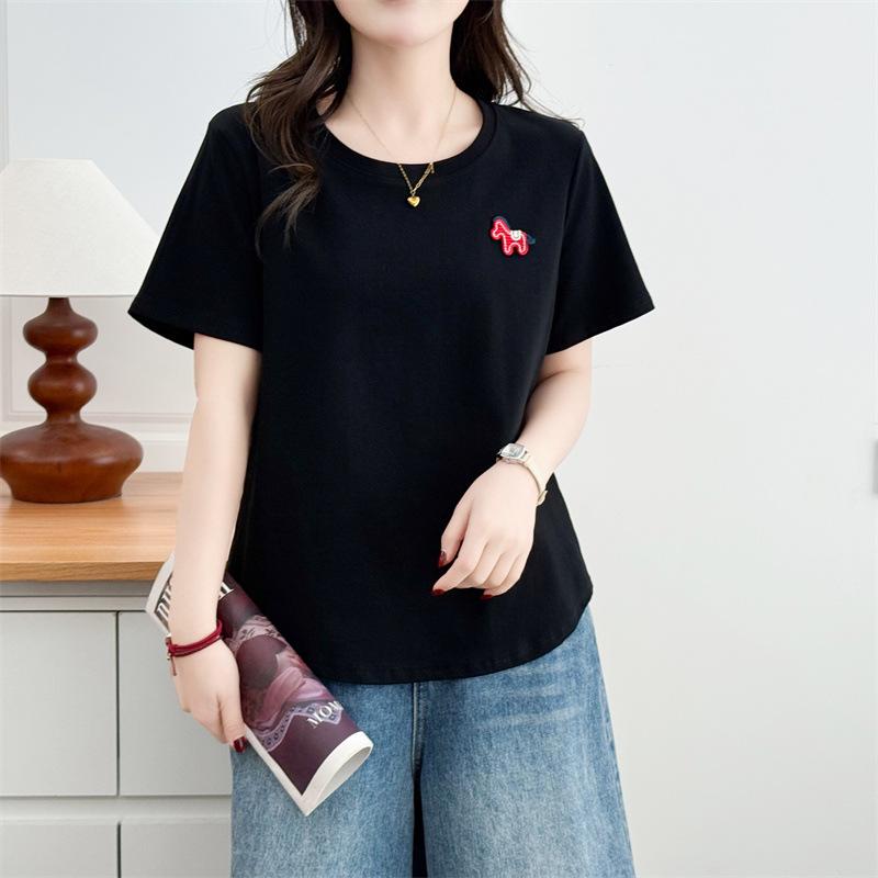 2026 Plus Size Women's Casual Round Neck Short Sleeve T-shirt with Little Horse Patchwork