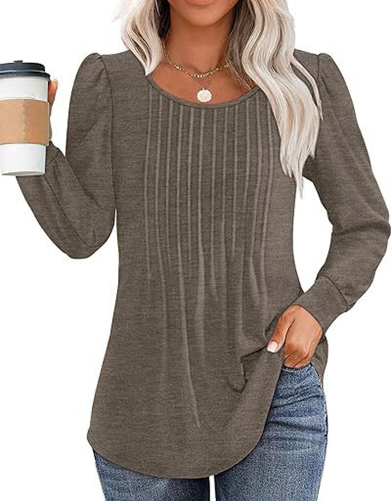 Women Long Sleeve Ribbed Knit Top Crew Neck Puff Shoulder Casual Loose Fall Blouse Shirt