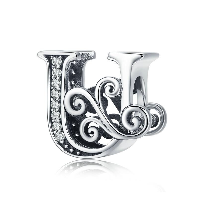 BAMOER Classic 925 Silver Letter Vintage A to Z 26 Letter Charms Openwork CZ Alphabet Beads Fit Charm Bracelet BSC030
