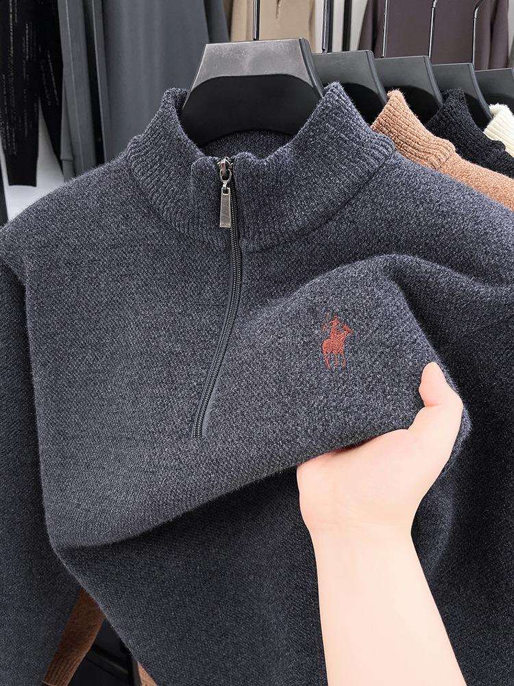 Men's Winter Embroidered Pony Logo Fleece Sweater - Semi-High Neck, Thick Knit