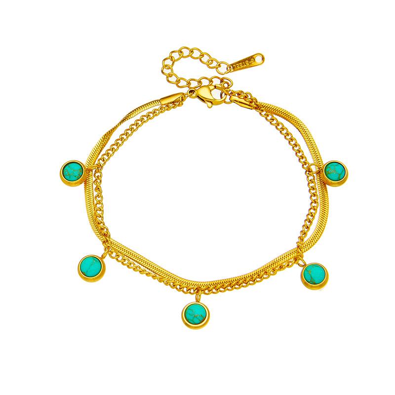 Gold Plated Turquoise Bezel Set Double Layer Chain Bracelet for Women Stainless Steel
