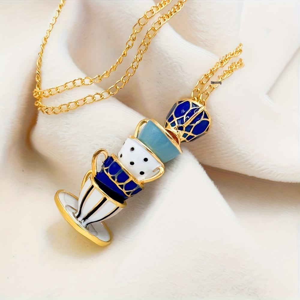 Retro Drip Glaze Enamel Teacup Pendant Long Necklace