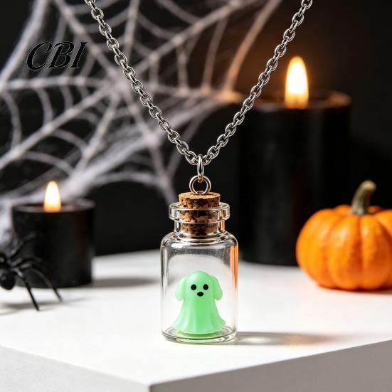 Halloween Party Decoration Ghost in Bottle Necklace, Glow The Dark Cute College Style Necklace Charm Jewelry, Adopt A Ghost/Cat/Dog Pendant