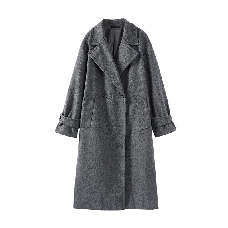 Women Fashion Wool Blend Warm Long Coat Autumn Winter Loose Pocket Double-breasted Jacket Elegant Lapel Overcoat