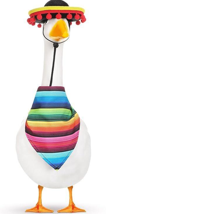 Porch Pet White Goose Mexican Hat Scarf Set Decoration Big White Goose Colorful Hairball Straw Hat Stripe