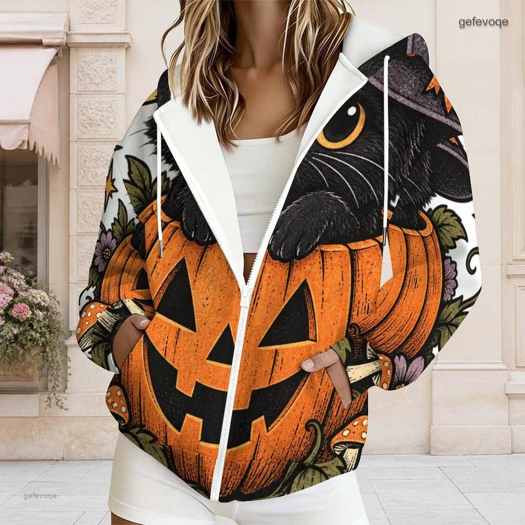 Women Plus Size Zip Up Long Sleeve Hoodie Drawstring Hood Pockets Halloween Cartoon Print Sweatshirt