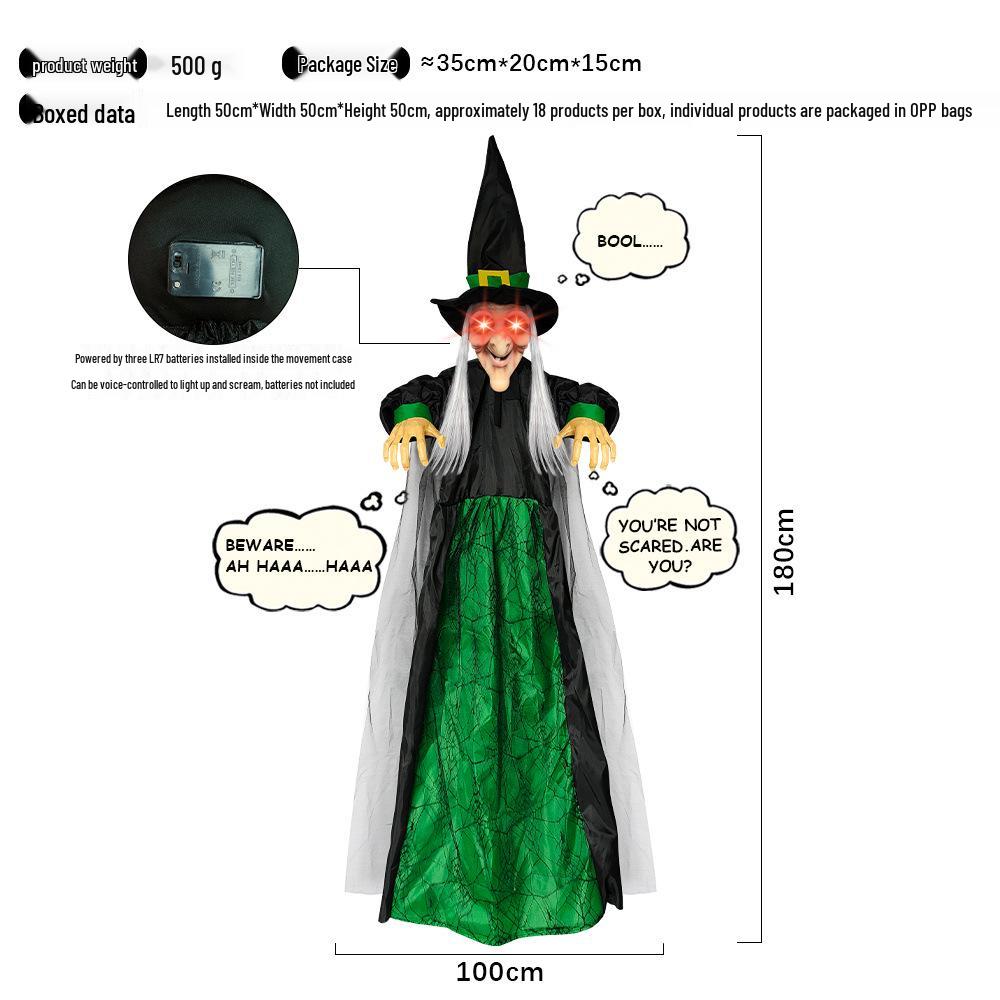 Purple Sound-Activated Light-Up Screaming Witch Pendant for Halloween Haunted House Decor