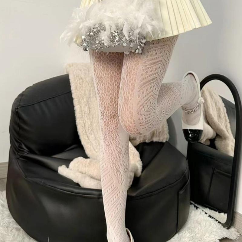 Women Vintage Hollowed Out Fishnet Sheer Pantyhose Aesthetic Irregular Geometric Patterned Spliced Leggings Mesh Tights