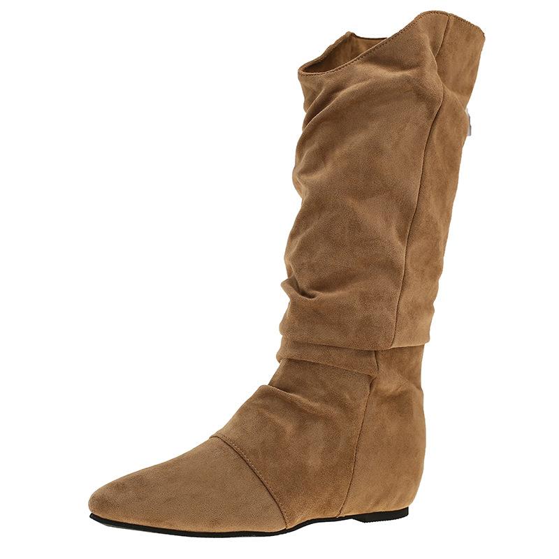 Inner heightening suede pleated stacking boots women's 2025 autumn and winter new pointed western cowboy boots lapel mid boots women