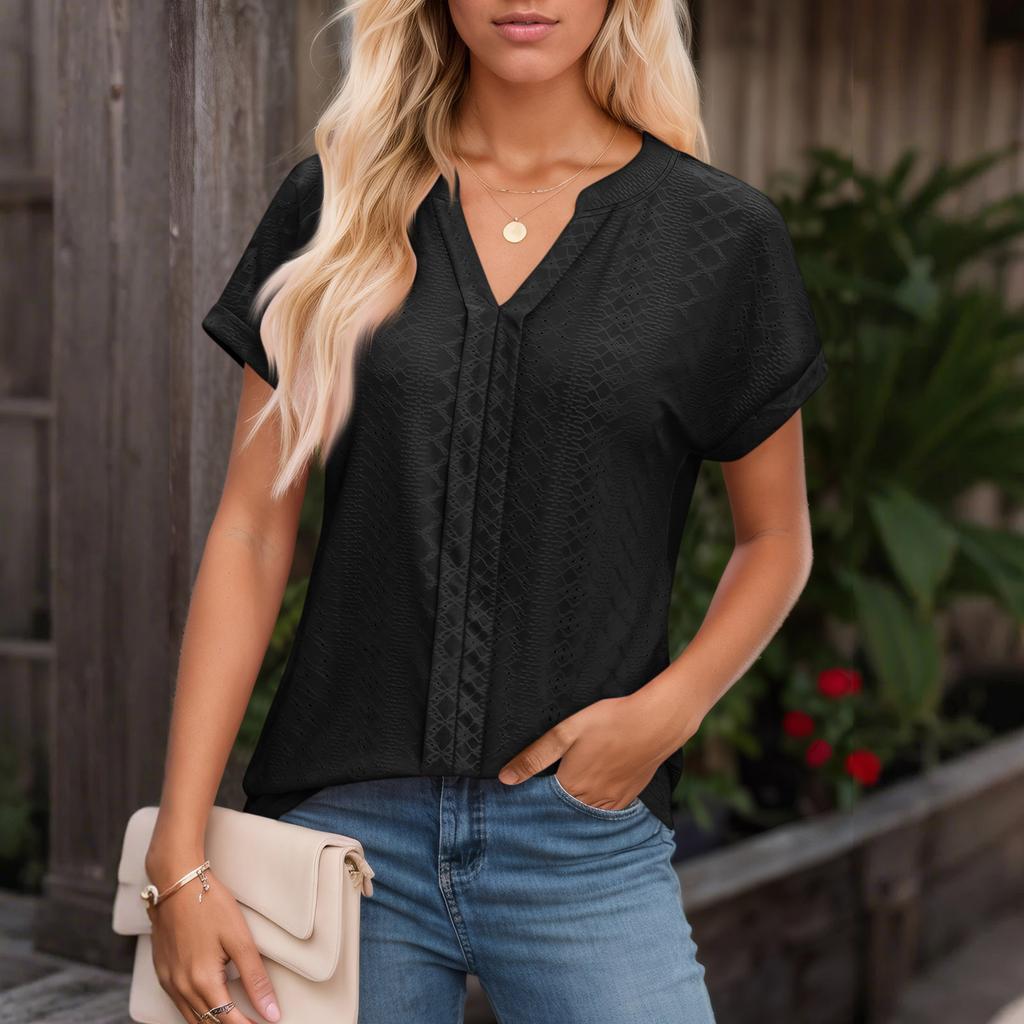 Womens Tops Short Sleeve V T-Shirt Blouse Dressy Causal Eyelet Embroidery Summer Fashion Clothes