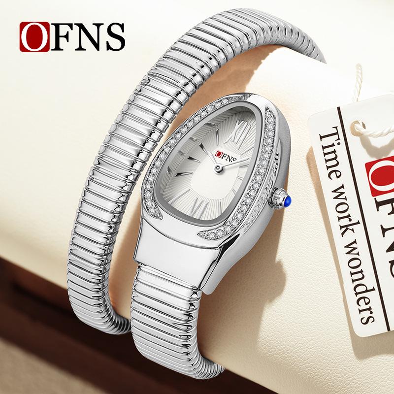 SANDA Women's Luxury Snake Head Bracelet Watch with Roman Mother-of-Pearl Dial, Diamond Accents, English Two-Hand, 30M Water Resistant.