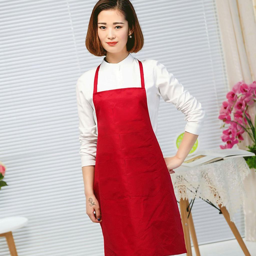 Kitchen Apron Solid Color Dual Pockets Back Strap Soft Polyester Chef Apron for Household Jujube Red