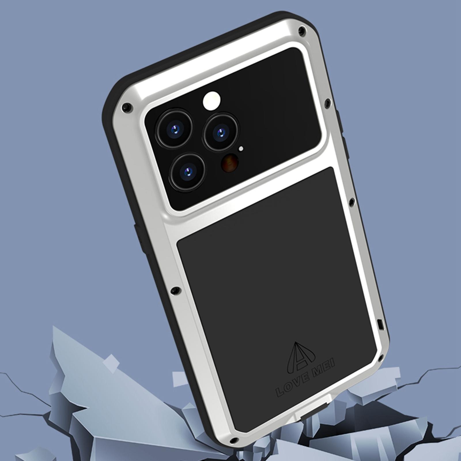 

LOVE MEI For iPhone 14 Pro Silicone+Metal Shockproof Case Splash-proof Phone Cover with Tempered Glass Screen Protector Black