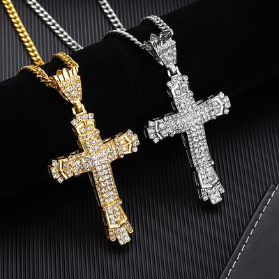 European and American Hip Hop Full Diamond Retro Hollow Cross Pendant Necklace Diamond Pendant Type Men's Necklace Gold-plated Diamond Necklace