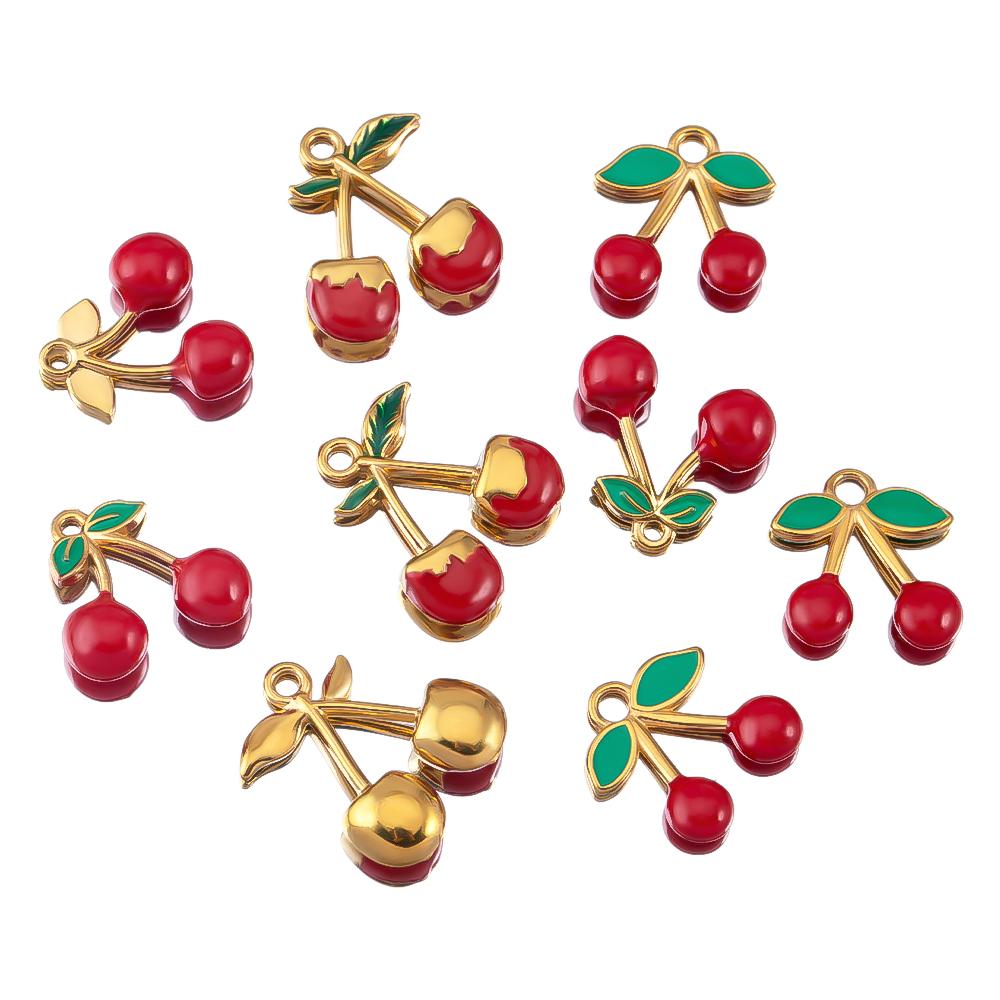 1pc 2pcs Enamel Green Leaf Red Cherry Earrings Charms Stainless Steel Fruit Necklaces Pendant Accessories DIY Jewelry Findings